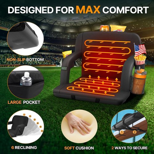 HOPERAN Heated Stadium Seats - Dual-Sided Bleacher Chair with Back Support & 3 Heating Levels | Portable with 5 Pockets