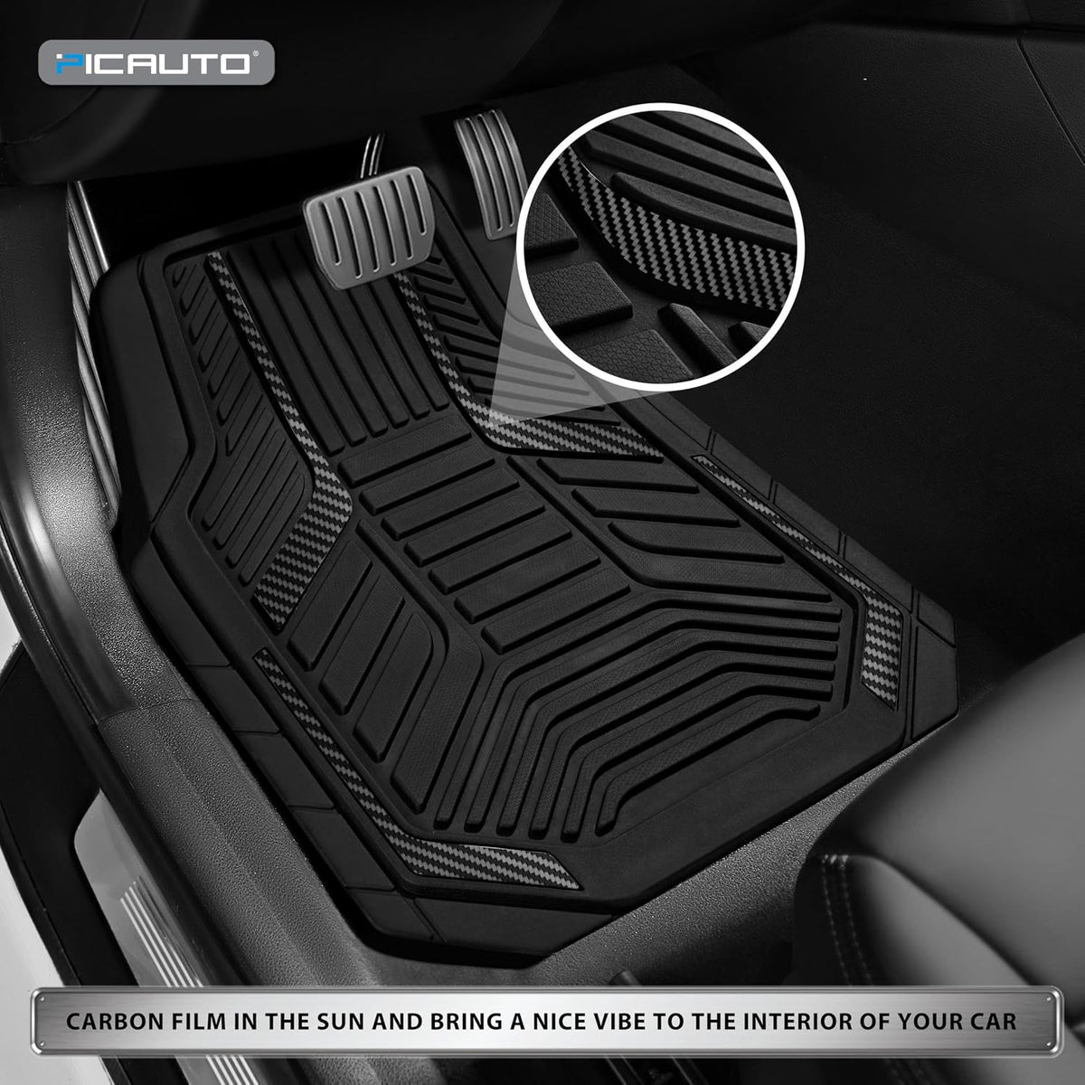 PIC AUTO Heavy Duty Rubber Floor Mats, Black Aluminum Film Car Mats Set, Front and Rear Car Mats with Anti-Slip Backing, All Weather Protection, Trim-to-Fit for Automotive SUV, Sedan, Van