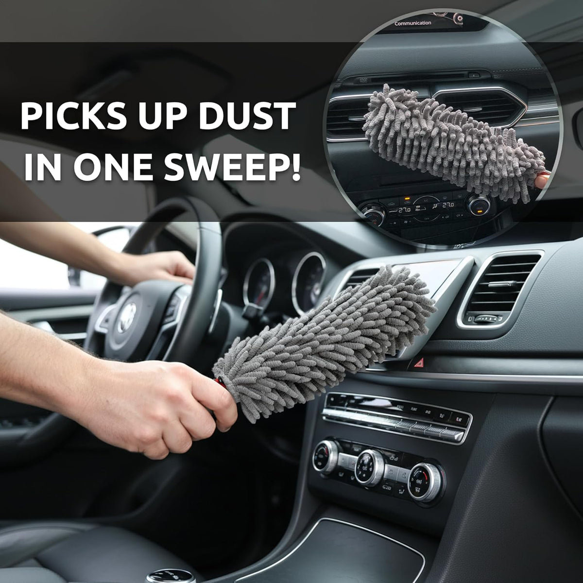 TAKAVU Car Duster Interior, 360° Microfiber Fingers, Lint & Scratch Free | Unbreakable Comfort Handle Duster, Includes Microfiber Towel, Lint-Free & Safe for Car & Home Interior, Gray