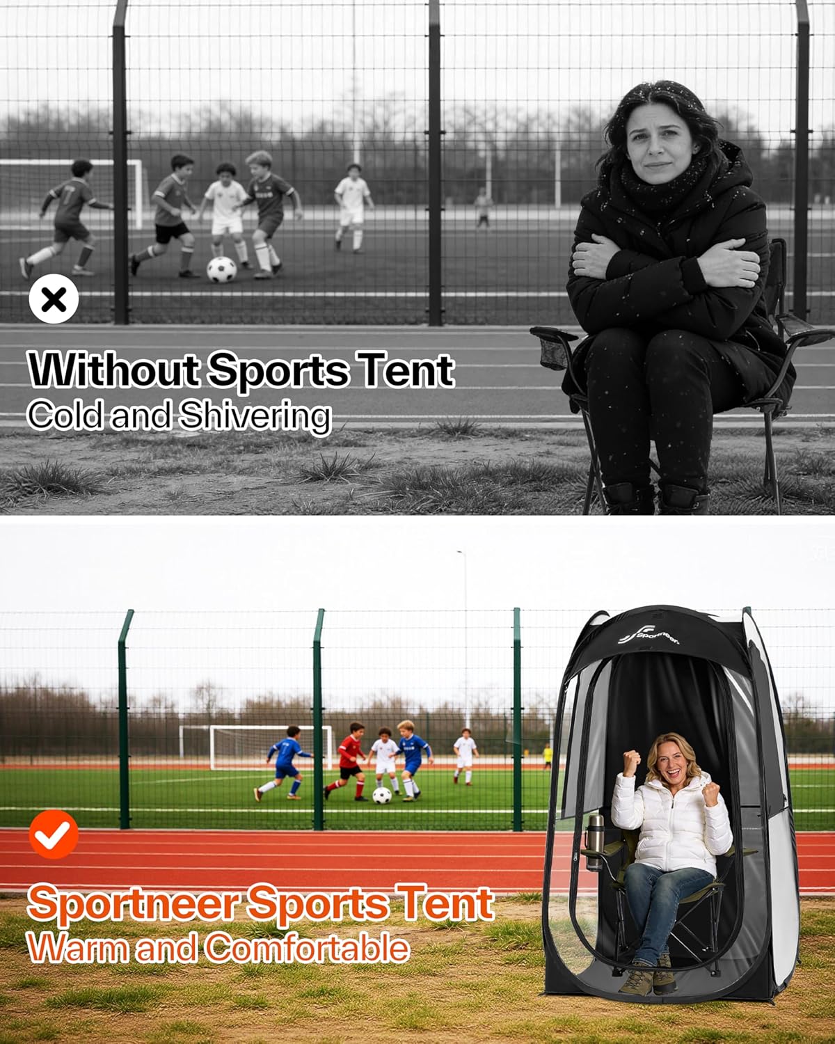 Sportneer Sports Tent - 1-Person Instant Shelter with Ultra Visibility | Lightweight Pop-Up Design for Cold Weather, 37" L x 37" W x 63.5" H