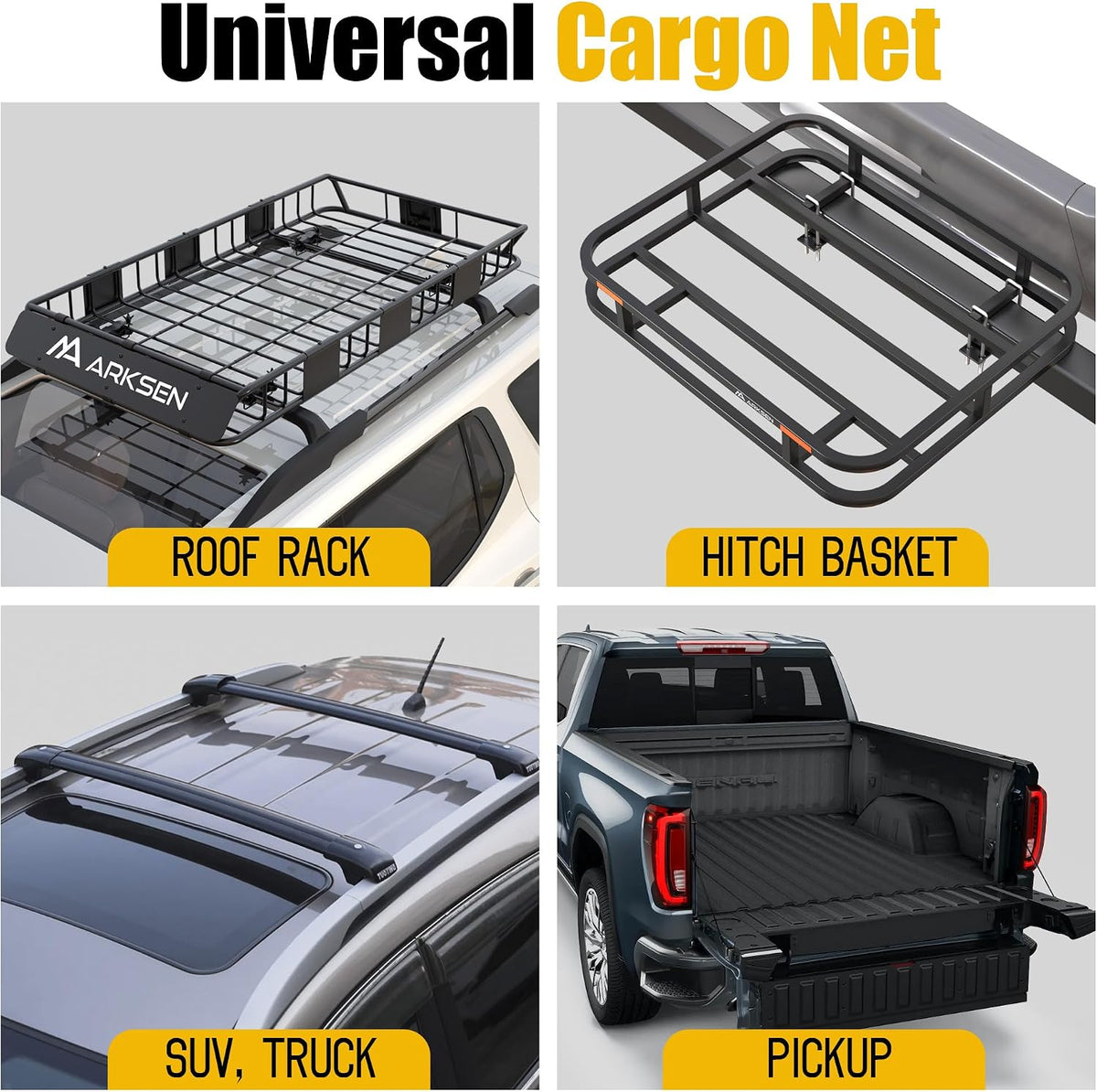 ARKSEN 31.5" x 26" Tangle-Free Nylon Cargo Net(4.7" x 4.7" Mesh), Universal Bungee Net for Pickup, Trucks, SUV, Roof Racks, and Travel Luggage Racks