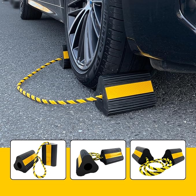 HOXWELL Wheel Chocks (2pair/4pack with Rope) for RV Trailer Camper Truck Car Aircraft, Versatile Heavy Duty Rubber Wheel Chocks Block with 3 Reflective Strips, Tire Wheel Immobilizers & Chocks