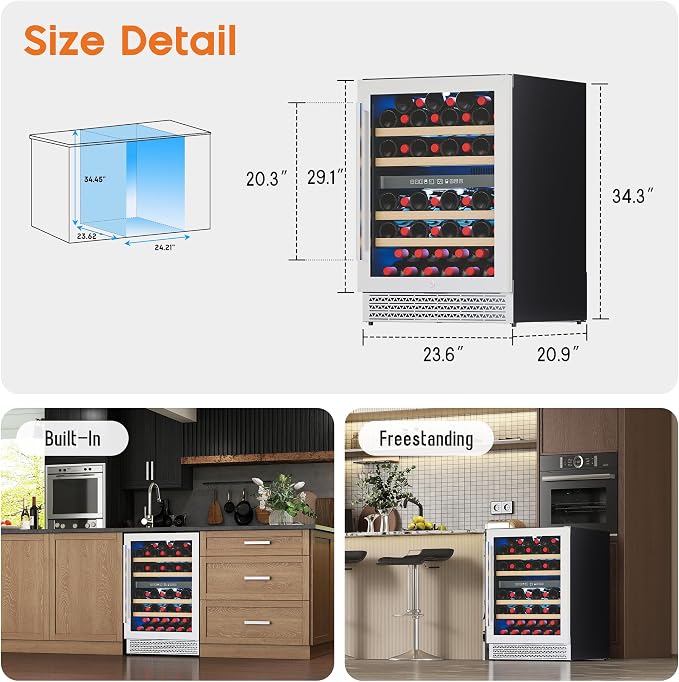 Albott 24 Inch Wine Fridge, Dual Zone 49 Bottle Wine Cooler | Includes Digital Temperature Control, Reversible Double-Layer Glass Door, Built-in or Freestanding Design, 41–68℉