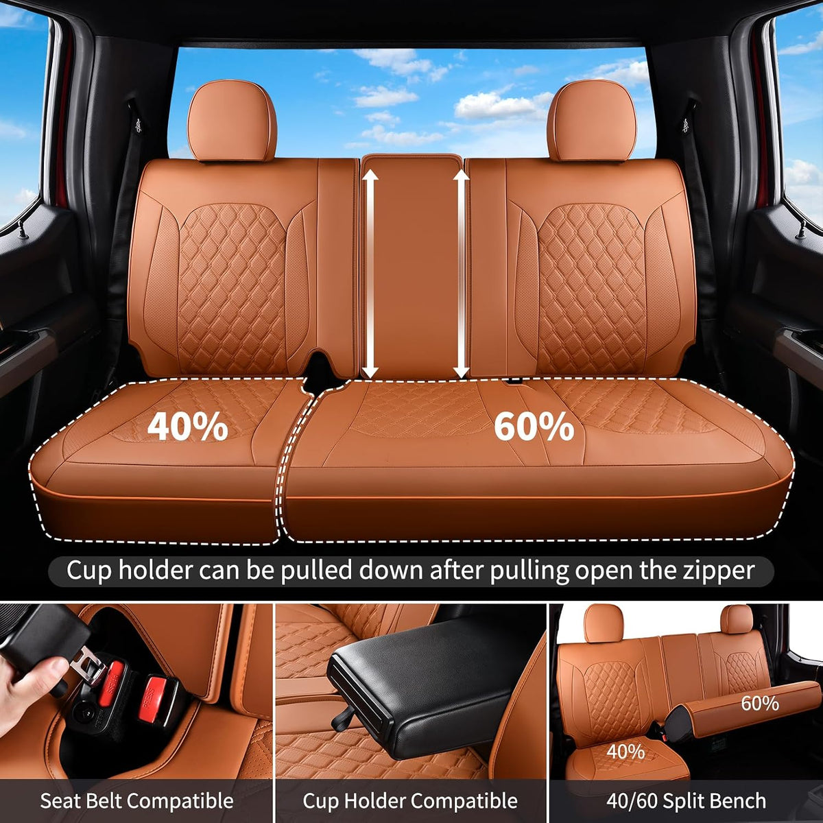 Huidasource F150 Truck Seat Covers Fit for 2015-2026 Ford F150 & 2017-2026 F250 F350 F450 Crew Cab XL XLT Lariat King Ranch Platinum, Full Coverage Leather Automotive Seat Cover(Full Set/Brown)