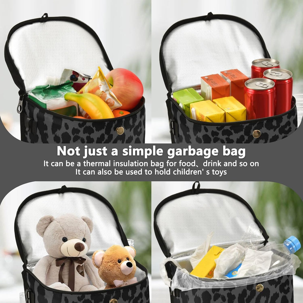Bolaz Spill-Proof Car Trash Can | Leakproof Lining | Seat Hanging Auto Garbage Bag with Zipper Lid Hipster Black Leopard Print Car Organizer Storage Bag