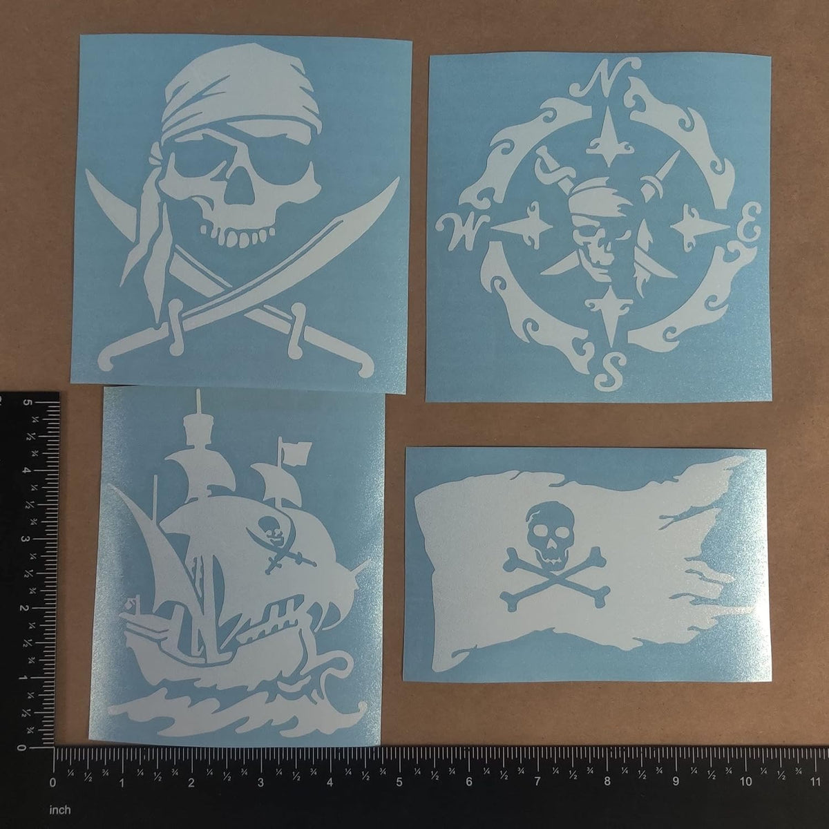 Pirate Decals 4 Pack: Skull and Swords, Ship, Flag, Compass (White, PiratesOne Large 5")