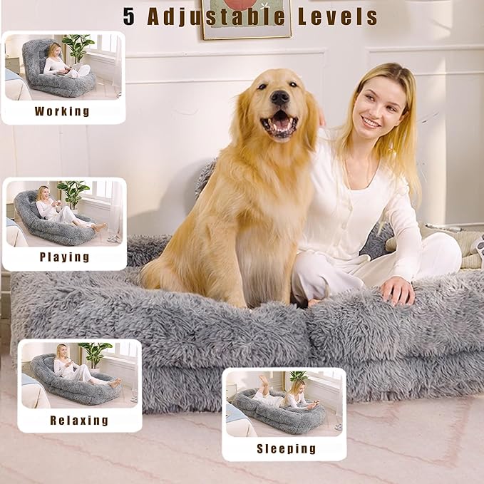 Adjustable 5-Position Human Dog Bed for People, Big Comfy Plush Floor Gaming Lazy Sofa Chair with Pillows & Back Support, Foldable Lounge Loveseat Couch for Living Room Bedroom (Light Gray)