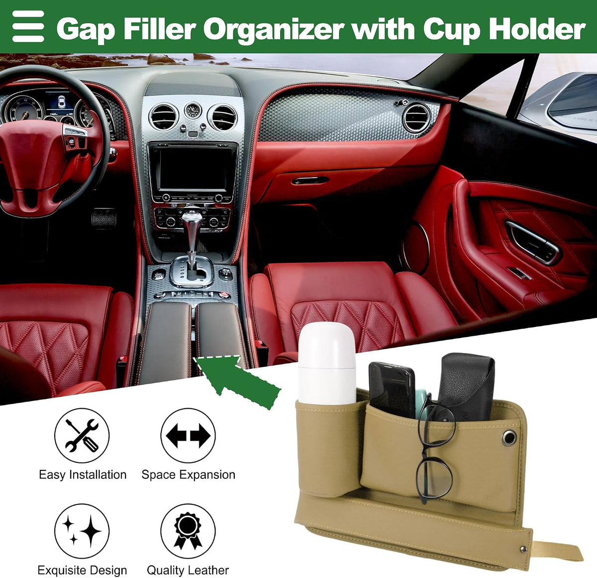 Motoforti Universal Car Seat Gap Filler Organizer Front Seat Gap Filler with Cup Holder Car Storage Accessories, Driver Side, Faux Leather, Beige