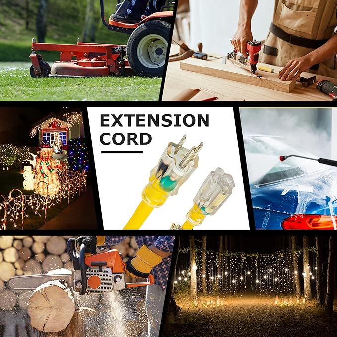 YOJOE Indoor Outdoor Extension Cord with Lighted End, 3 Prong 15A Weatherproof Power Cord, 12 Gauge Heavy Duty 3 ft Yellow Extension Cord for Garage, Garden and Home, 12/3 SJTW UL Listed