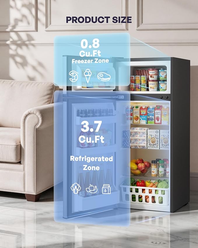 4.5 Cu.Ft Mini Fridge with Freezer, 2 Doors Small Fridge with Adjustable Thermostat & Removable Glass Shelves, Small Refrigerator for Kitchen Office Dorm, Quiet Operation, Silver