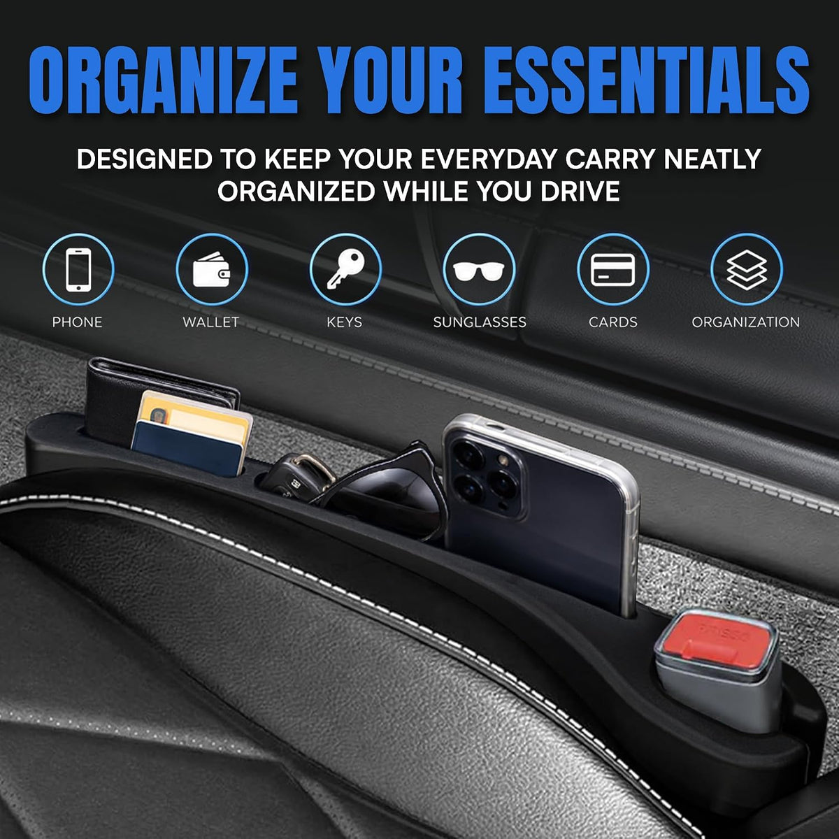 Car Seat Gap Filler 2 PCS, Durable PU Seat Gap Organizer, Prevents Phones, Keys, Coins & Cards from Falling Between Seats, Universal Fit for Cars, SUVs & Trucks