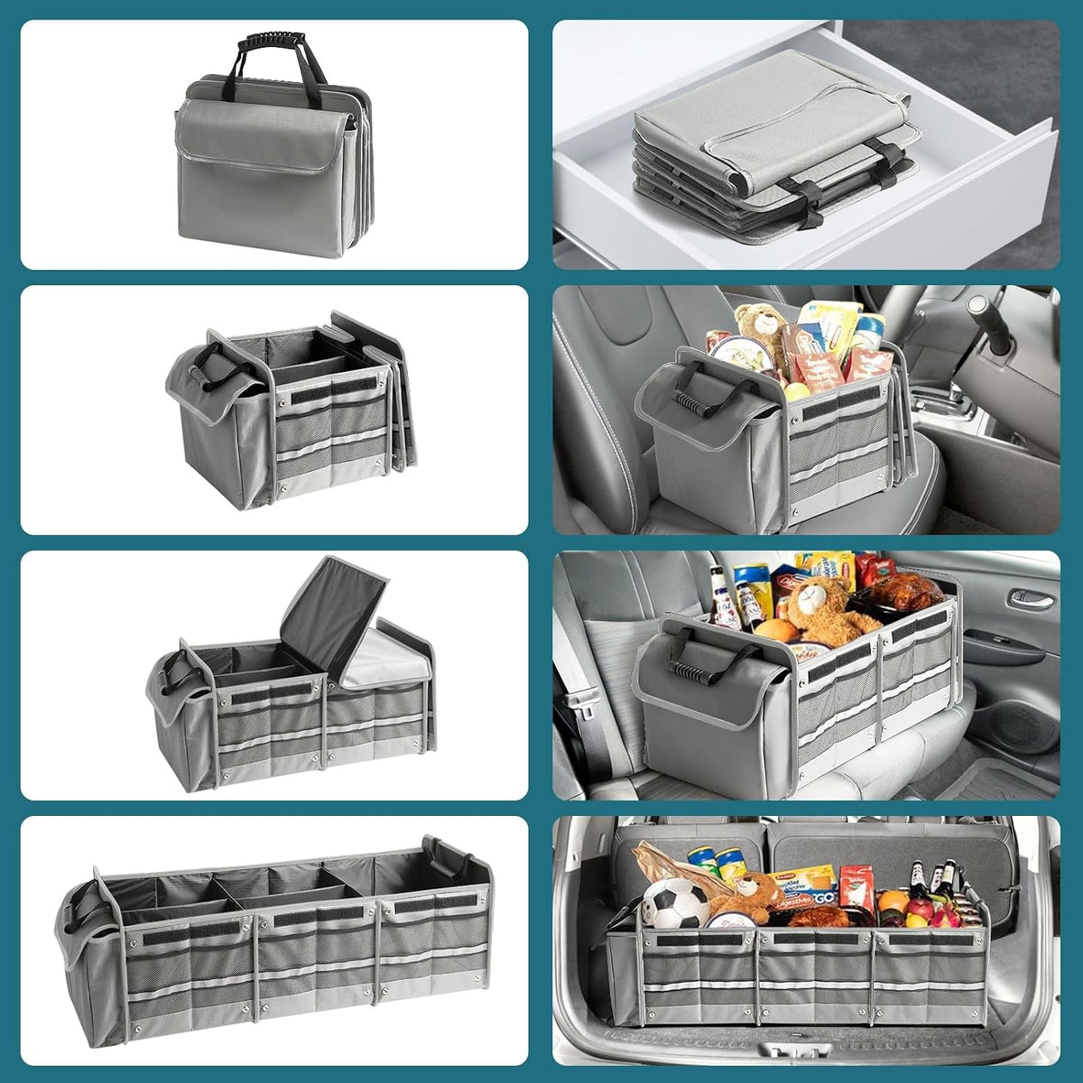 Snuopfy Car Trunk Organizer,115L Heavy Duty Collapsible Trunk Storage, with Insulated Leakproof Cooler Bag Vehicle Cargo Organizer with Lid, 3 Compartments, Straps For Car,Suv,Jeep,Sedan-Grey