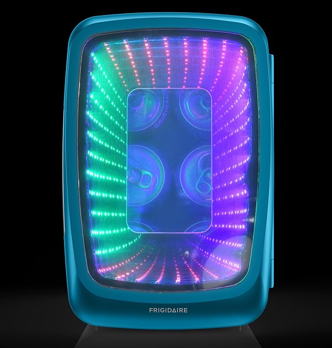 Frigidaire Gaming Light Up Mini Beverage Refrigerator, 6 can, 4 liters, Cooler with large see through door and LED lights Perfect for Gaming Experience, Home, Office, or Cars.12V Charger (Blue)