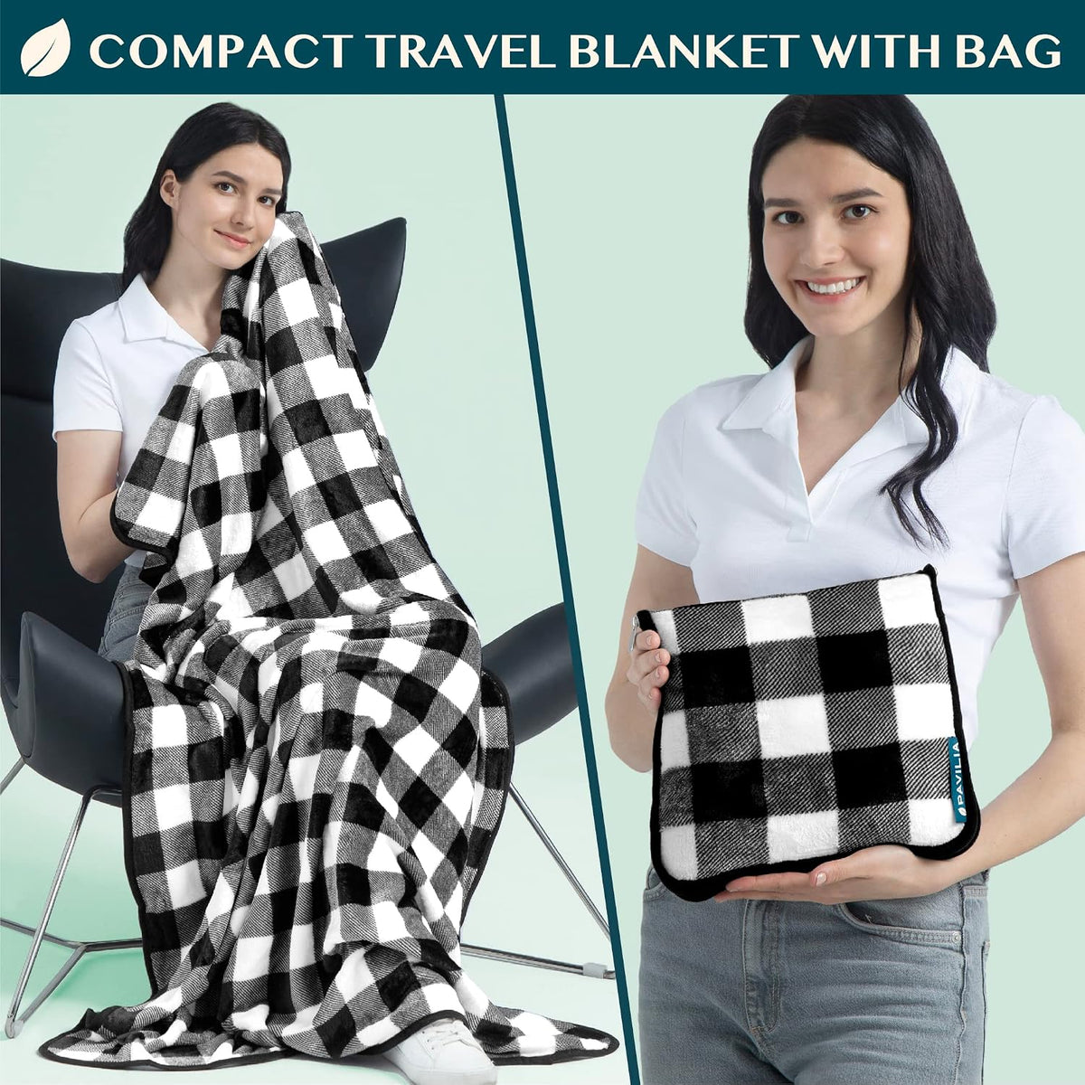 PAVILIA Travel Blanket Pillow, Soft Airplane Blanket 2-in-1 Combo Set, Plane Blanket Compact Packable, Flight Essentials Car Pillow, Travelers Gifts Accessories, Backpack Strap, 60x43 Checker White
