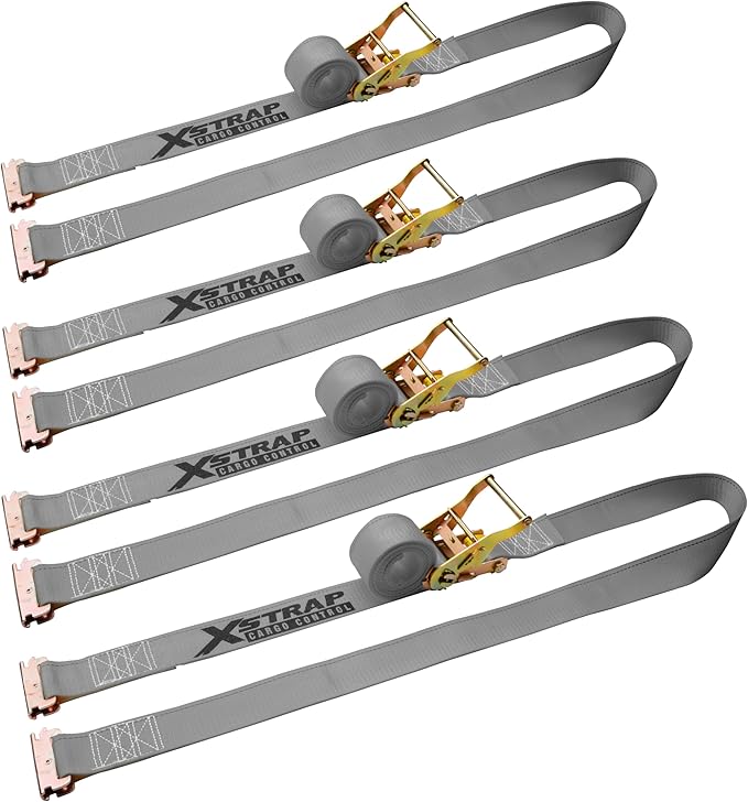 XSTRAP STANDARD E-Track Ratchet Straps, 4 Pack 2" x16' Heavy Duty Cargo Tie-Downs, 4400LBS Breaking Strength, Standard E Track Fitting Tie Down Ratcheting Strap for Cargo Vans, Trucks, Trailers (Grey)