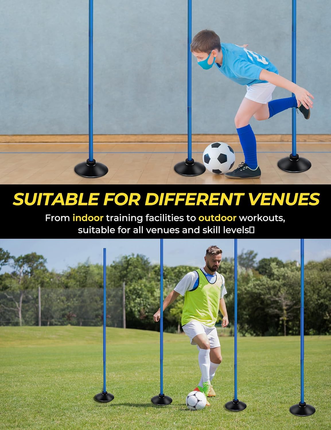 SEAOTTER Soccer Agility Poles Set - 6ft Detachable Speed Poles with Rubber Base for Sports Training | 4/6/10 Pcs