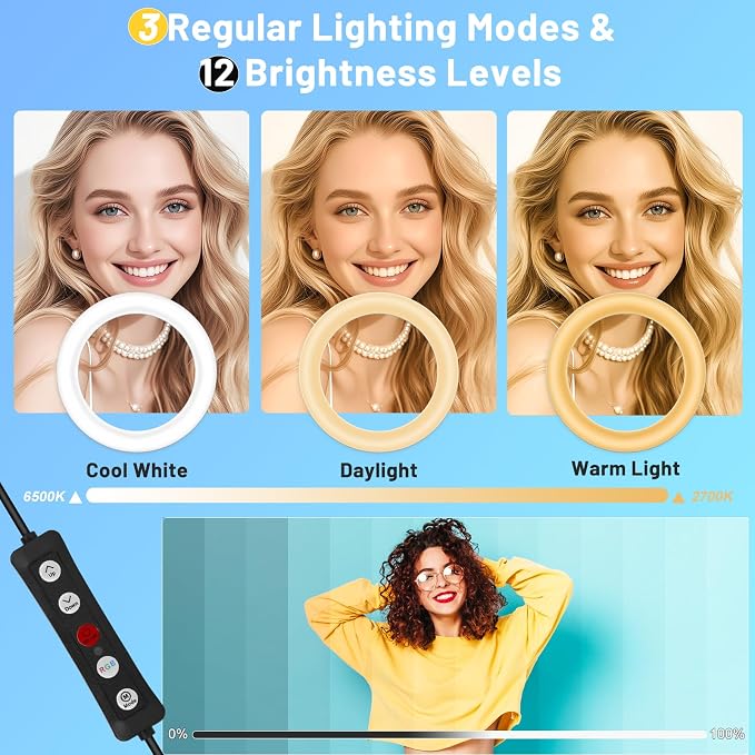 12'' Ring Light with Stand 75'' Tall & Phone Holder, 100+ Color Modes Selfie