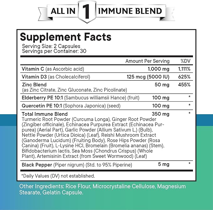Quercetin Zinc Vitamin C Vitamin D Bromelain Elderberry - Nettle Supplement with Artemisinin, Sea Moss, Echinacea - 60 Count