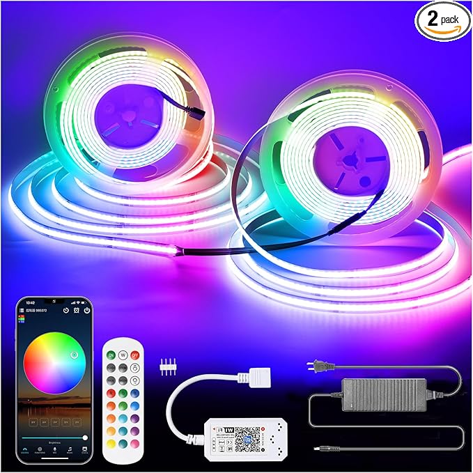 INDARUN RGB COB Led Strip Light 32.FT/10M(2 Rolls of 16.4FT/5M), COB Led Strip 10mm Width/5760 LEDs, 24V Color Changing Led Strip Lights with Remote, Flexible Led Tape Light for TV Led Backlights