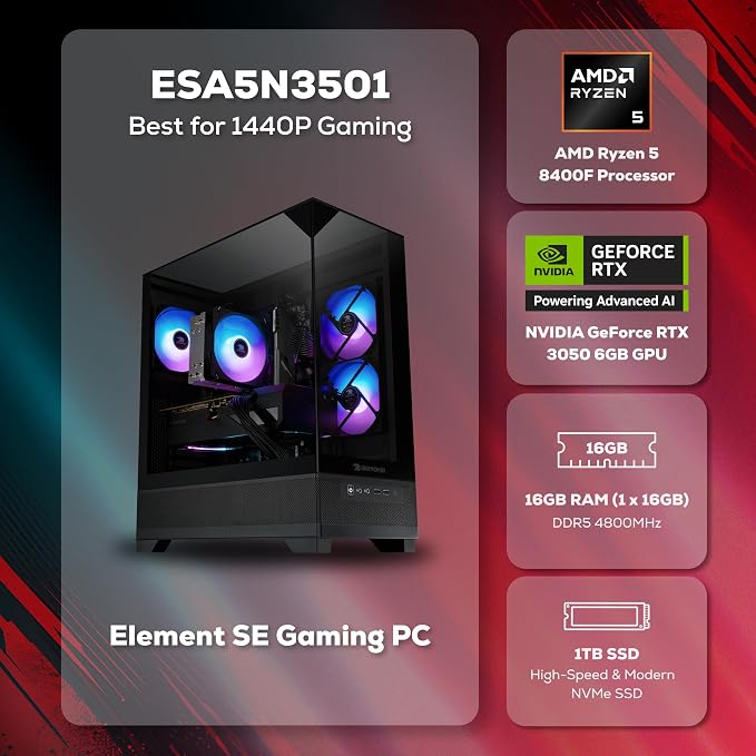 iBUYPOWER Element SE Gaming PC Desktop Computer AMD Ryzen 5 8400F CPU, NVIDIA GeForce RTX 3050 6GB GPU, 16GB DDR5 RAM, 1TB NVMe SSD, Windows 11 Home, Gamer Keyboard and Mouse - ESA5N3501
