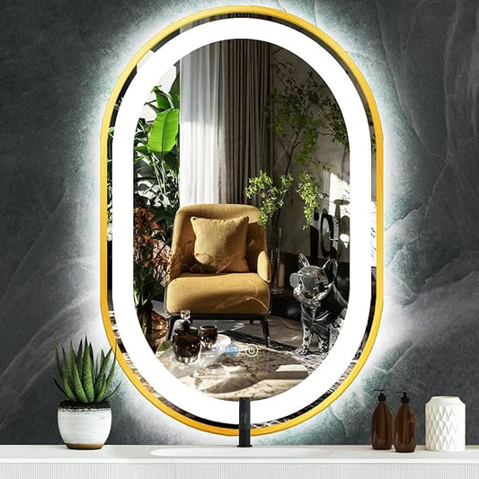 20 x 32 Inch Gold Oval LED Vanity Mirror with Lights Smart Memory 3 Color Dimmable Anti-Fog 32 Inch Gold Frame Oval Lighted Mirror for Bathroom Wall LED Ovals Mirror with Lights Golden Frame