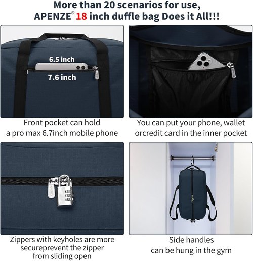 Apenze Small Gym Bag - 18-Inch Navy Blue Carry-On Duffel for Weekend Travel
