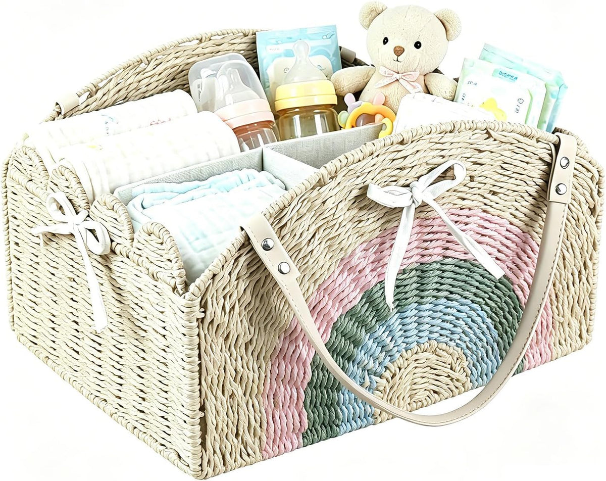 Large Baby Diaper Caddy, Paper Rope Storage Baskets Nursery Bin with Removable Divider, Portable Car Organizer for Diapers, Baby Shower Gifts, Newborn Essentials Must Haves (Light beige)