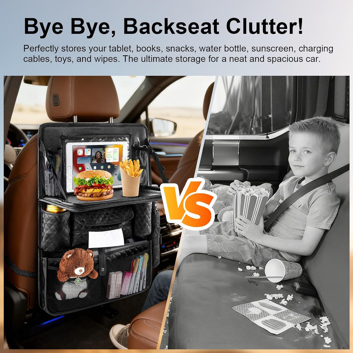 Car Seat Organizer with Foldable Table Tray - 11 Storage Pockets PU Leather Backseat Organizer with Tablet Holder, Seat Back Protector Kick Mat for Kids Family Road Trip Accessories (Black)