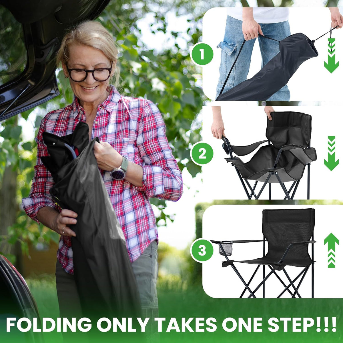 Skiennix Lightweight Folding Camping Chairs - 2 Pack with Cup Holder & Carry Bag for Outdoor Activities | Black, Medium