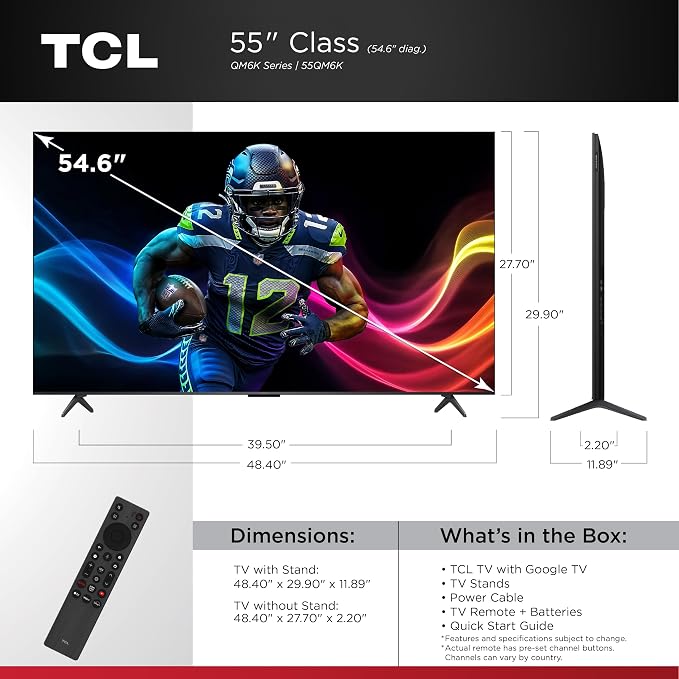 TCL 55 Inch Class QM6K Series | Mini LED QLED 4K HDR | 55QM6K, Latest Model | 120HZ-144HZ High Brightness Smart Google TV Dolby Atmos Onkyo Audio | Voice Remote Alexa Gaming Streaming Television