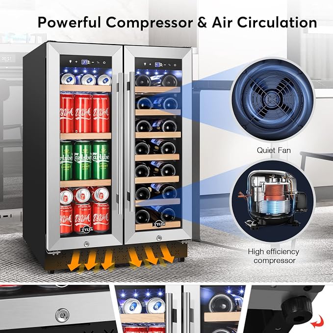 24" Dual Zone Wine and Beverage Cooler Quiet Compressor | Dual zone, quiet <38dB, fast cool, smart touch, temp memory, built-in/free, 20 wine+88 cans