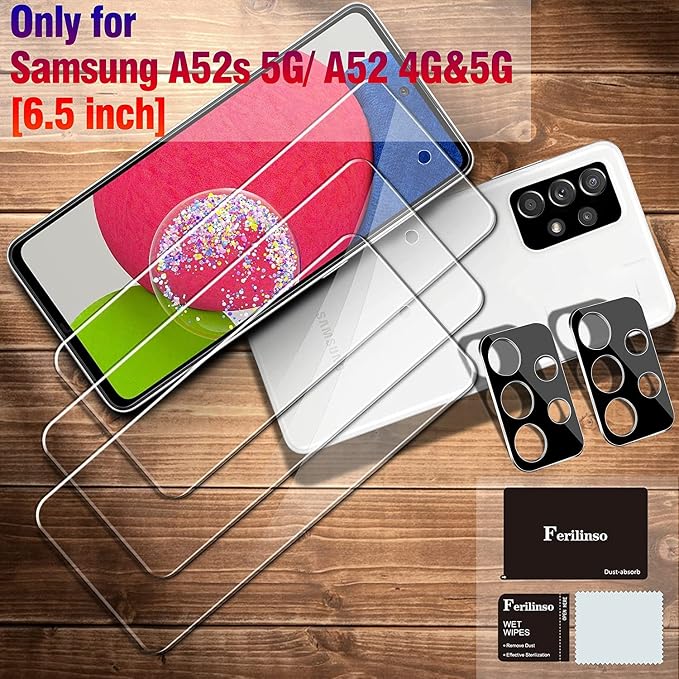 Ferilinso 3 Pack Screen Protector + 2 Pack Camera Lens Protector