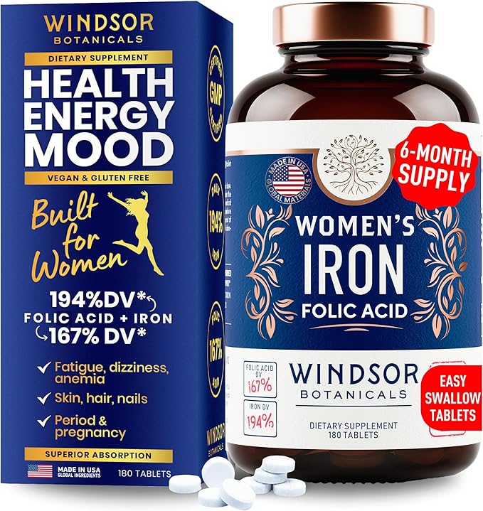 Iron and Folic Acid Supplements for Women - 35mg Gentle Iron Vitamin, Folic Acid 400mcg - Anemia, Period, Pregnancy Support Supplement, Ferrous Sulfate Pills - 180 Vegan Non-Constipating Tablets