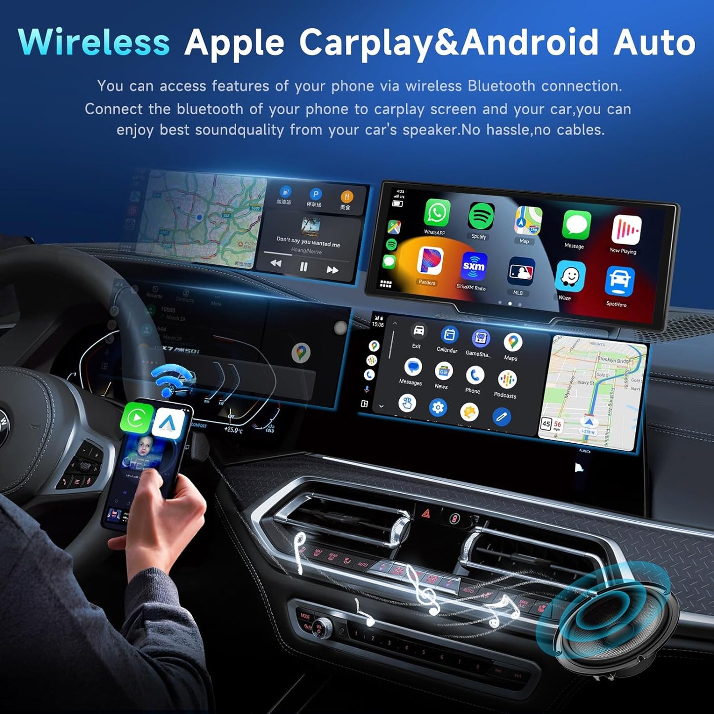 Podofo 10.26" Touchscreen Wireless Carplay Portable Car Stereo Android Auto, Car Play Navigation, Voice Control, Bluetooth/AUX/FM, Car Radio Receiver