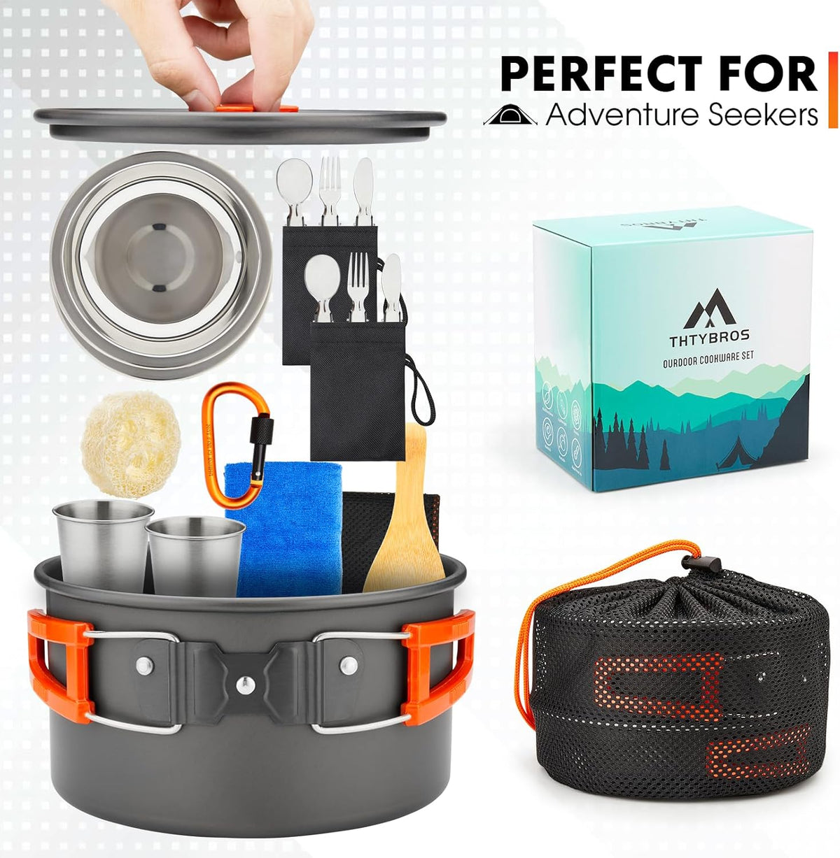 THTYBROS Camping Cookware Kit - 17-Piece Set with 0.45Gal Pot, 7-Inch Pan & Stainless Steel Utensils