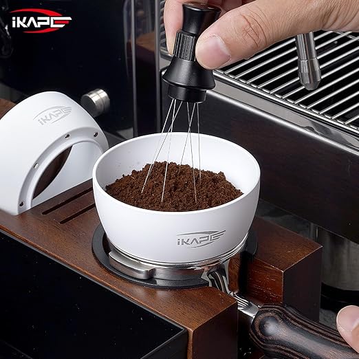 IKAPE Magnetic Dosing Funnel Set, 53MM Espresso Dosing Ring & Puck Screen Kit Compatible with Delonghi 54MM Bottomless Portafilter - with 8 Small Magnet (White)