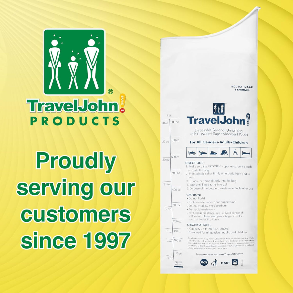 TravelJohn Disposable Urinal Bags – Road Trip Essentials for Men, Women & Kids – Odorless Leakproof Portable Urine Bags – Ideal for Camping, Emergencies & Long Car Rides (TJ1A-C)