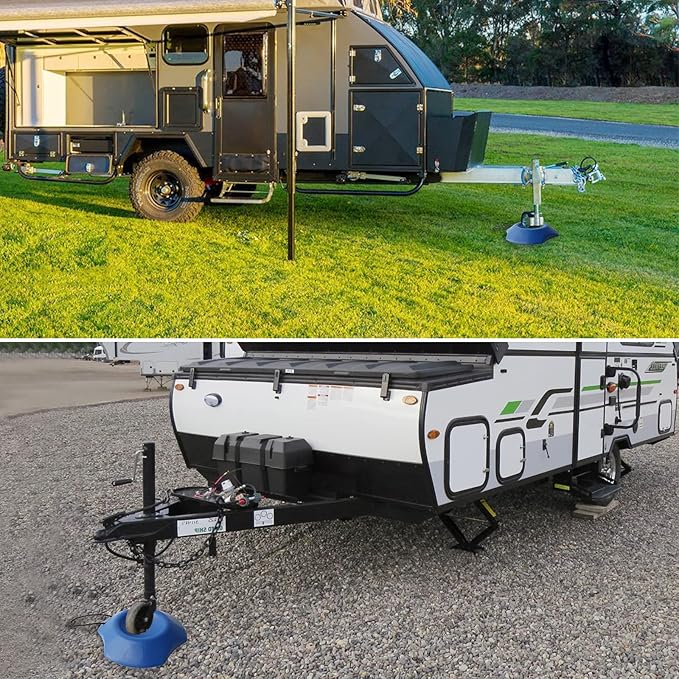 Visible Blue Trailer Stopper Tongue Jack Wheel Dock Chock Stabilizer Prevents Trailer Jack Wheels from Sinking into Sand Grass Mud Supports 4400lbs - Easy to Position w Rope Handle