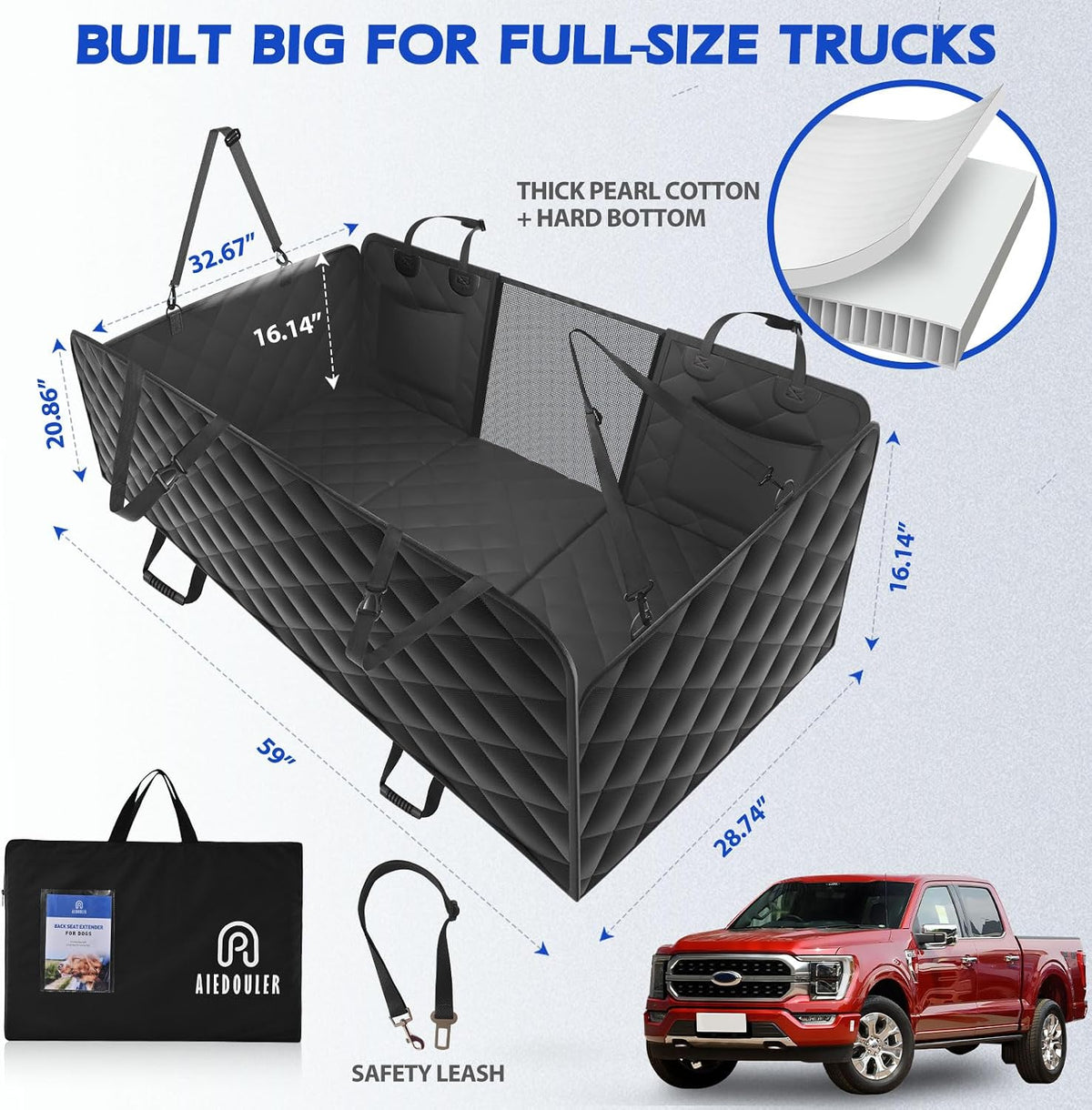 XL Back Seat Extender for Dogs, Hard Bottom Truck Seat Cover