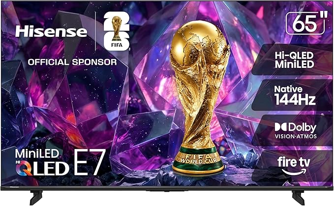 Hisense 65" E7 Cinema Series Hi-QLED Mini-LED 4K UHD Smart Fire TV (65E7SF, 2026 NEW) - Native 144Hz, AI Picture, Dolby Vision IQ · Atmos, FALD, HDR10+ Adaptive, MEMC, Alexa+