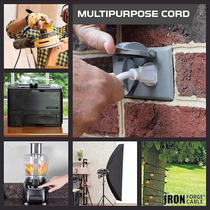 Iron Forge Cable Weatherproof 100 Ft Outdoor Extension Cord - 16/3 SJTW Heavy Duty White Extension Cord 3 Prong - 13 Amp Exterior Power Cable