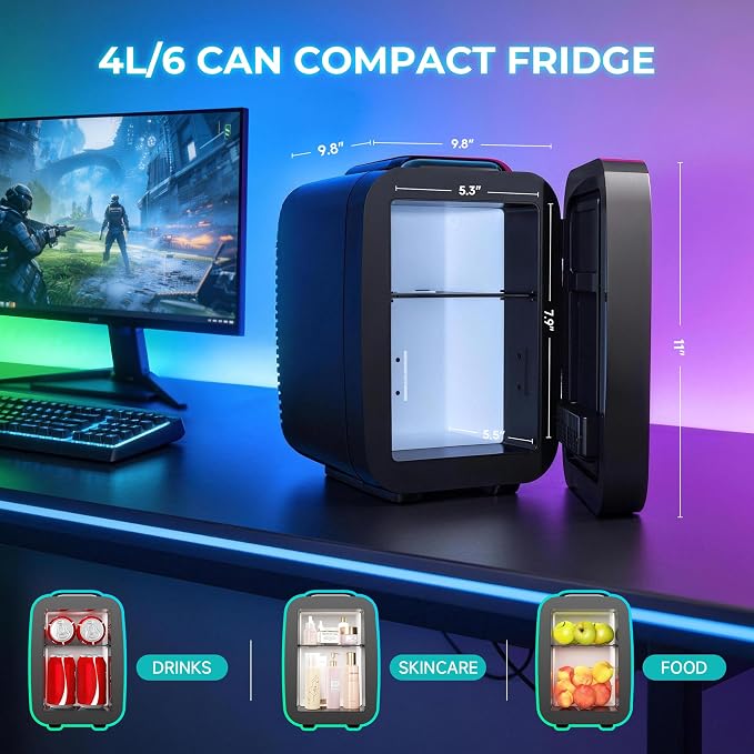 BEICHEN Mini Fridge 4L/6 Can With APP Light Controller for Gaming Room | 4L compact design| APP-controlled customized gaming light | Silent & energy-saving | AC/DC for home & auto |Black