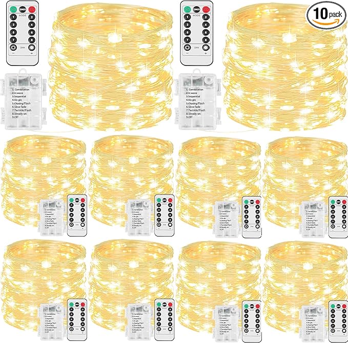 Beieverluck 10 Pack 33FT 100 LED Fairy Lights Battery Operated Fairy Lights with Remote and Timer Waterproof String Lights Outdoor Indoor for Bedroom Wedding Christmas Decorations, Warm White