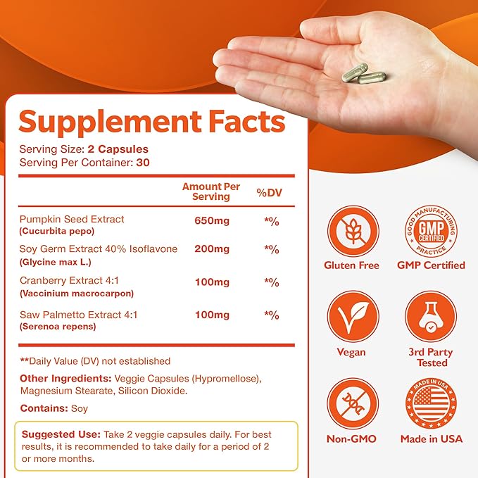 Bladder Control Supplement for Women & Men with Pumpkin Seed Extract, Soy Germ Extract, Saw Palmetto & Cranberry 4-in-1 Active Bladder Support for Urinary Frequency, Leaks & Urgency - 60 Capsules
