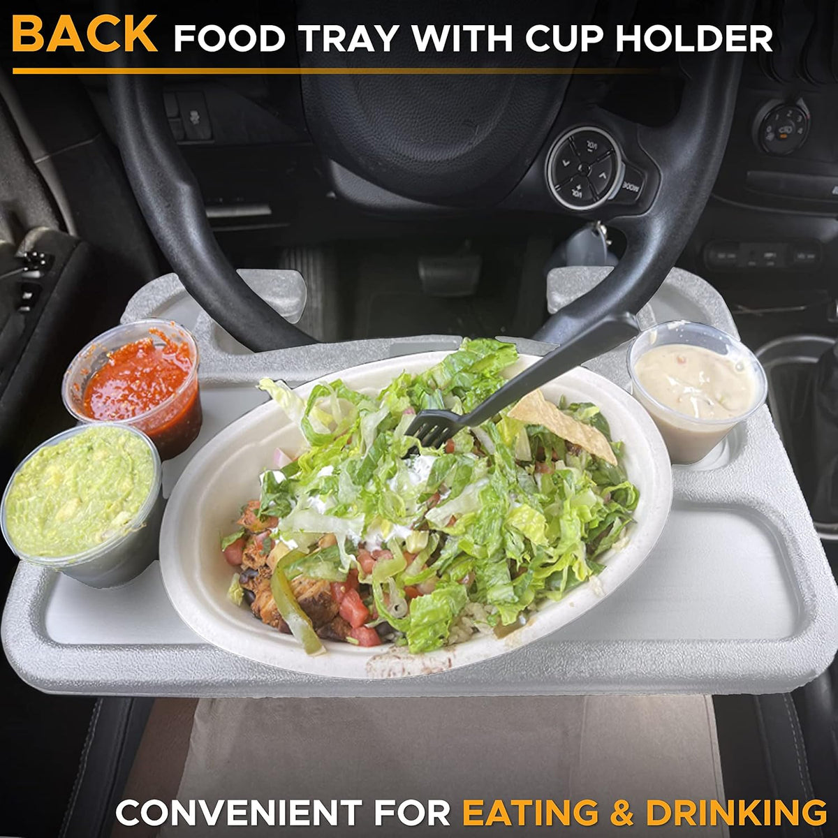 EcoNour 2 in 1 Car Steering Wheel Desk | Steering Wheel Tray for Laptop Car Mount with Pen Holder | Car Food Grey Tray for Eating with Drinks Holder | Multipurpose Travel Car Accessories