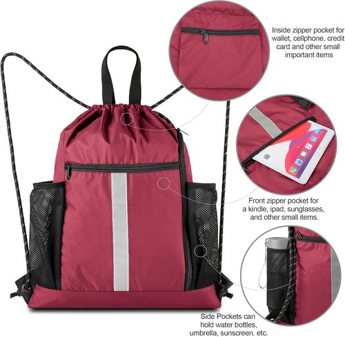 BeeGreen Gym Sack - Heavy Duty Drawstring Bag with Shoe Compartment & Two Water Bottle Holders | Unisex
