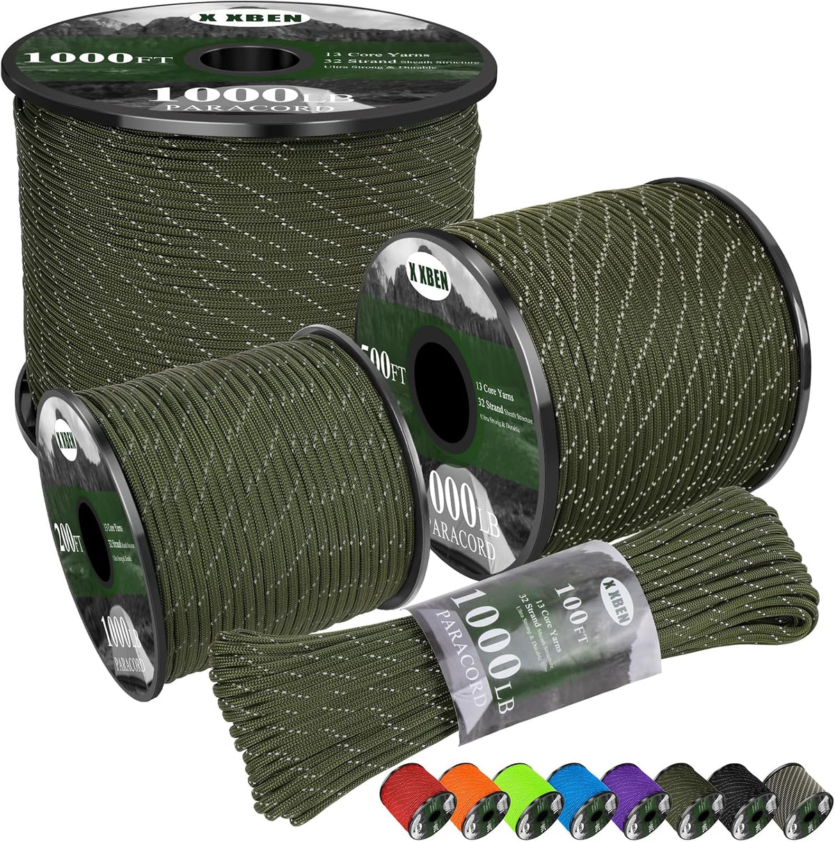 X XBEN Paracord Rope - Reflective 1000lb Strength | 50ft to 1000ft Lengths - Tactical Cord for Camping & Survival, Army Green