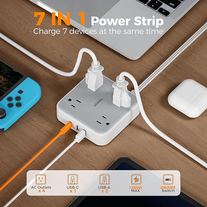 TESSAN Surge Protector Flat Extension Cord 15Ft, Flat Plug Power Strip with 4 Outlets 3 USB Ports (1 USB C), 900 Joules Protection, Multiple Wall Outlet Extender Suitable for Home Office Dorm, Grey