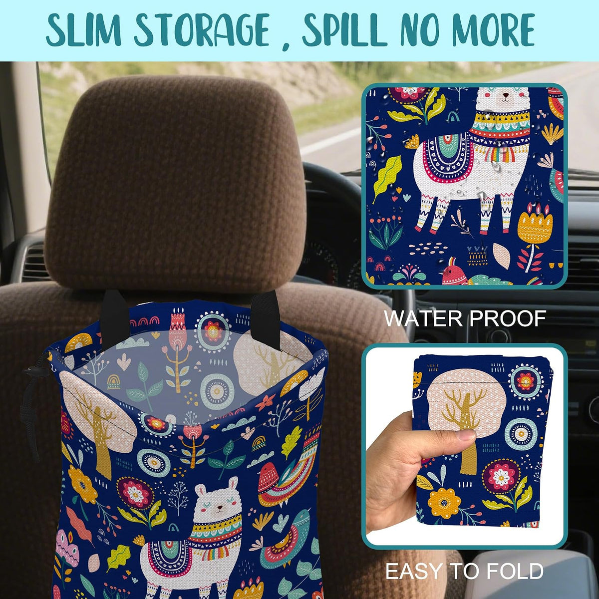 Car Garbage Bag Colorful Llama Flowers and Birds Hanging Canvas Car Trash Bag Waterproof Drawstring Car Back Seat Organizer for Car Back Front Seat Console with Adjustable Buckle