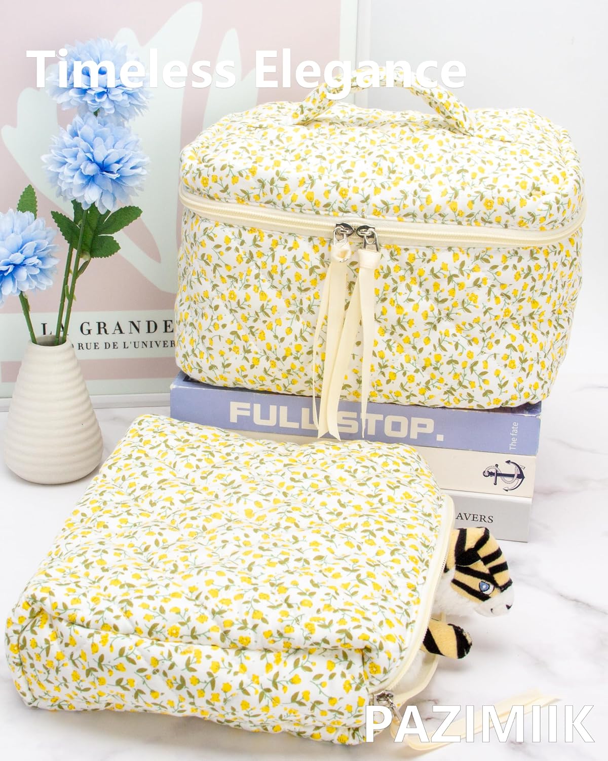 Quilted Makeup Pouch for Women, Travel Cosmetic&Toiletry Bag,Floral Yellow